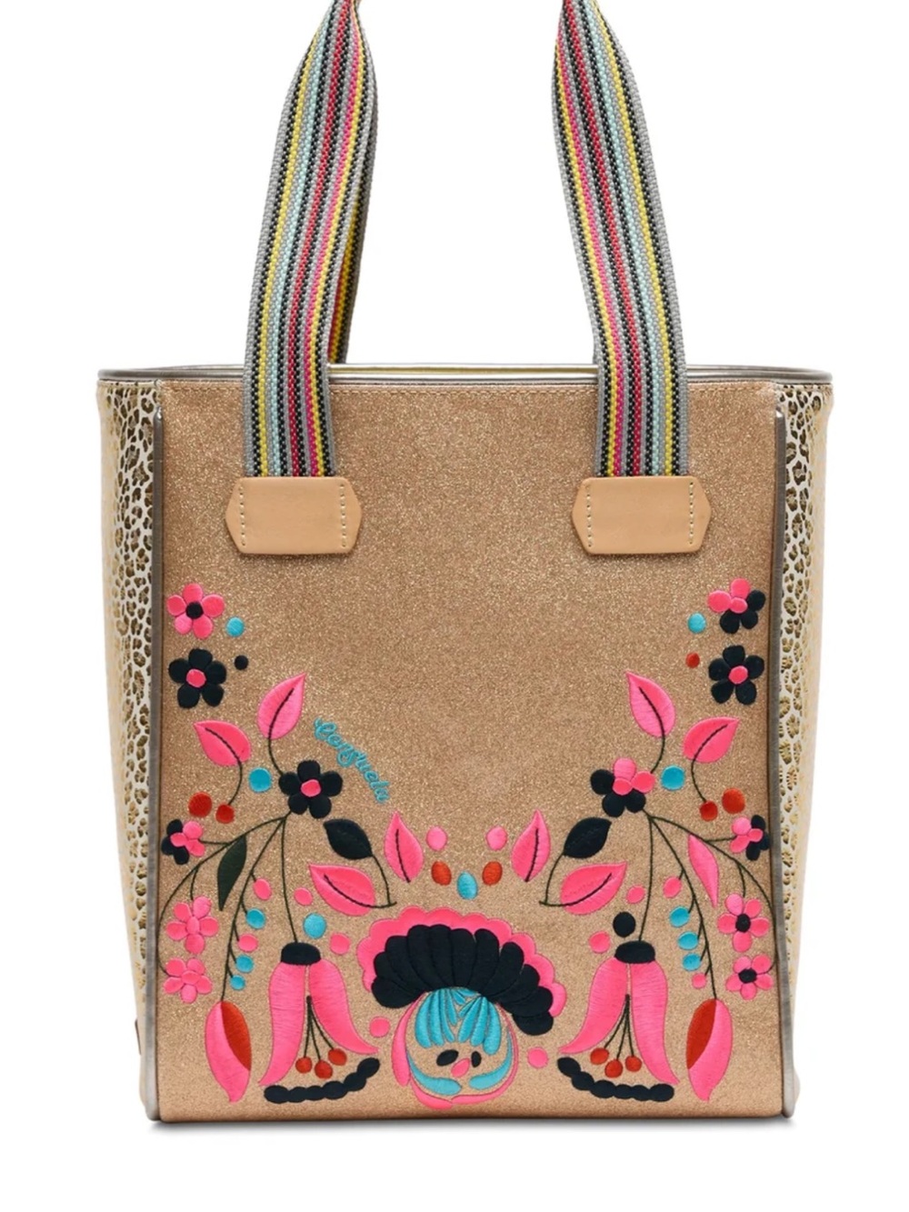 Metallic Gold Tote Bag with Pink Floral Embroidery